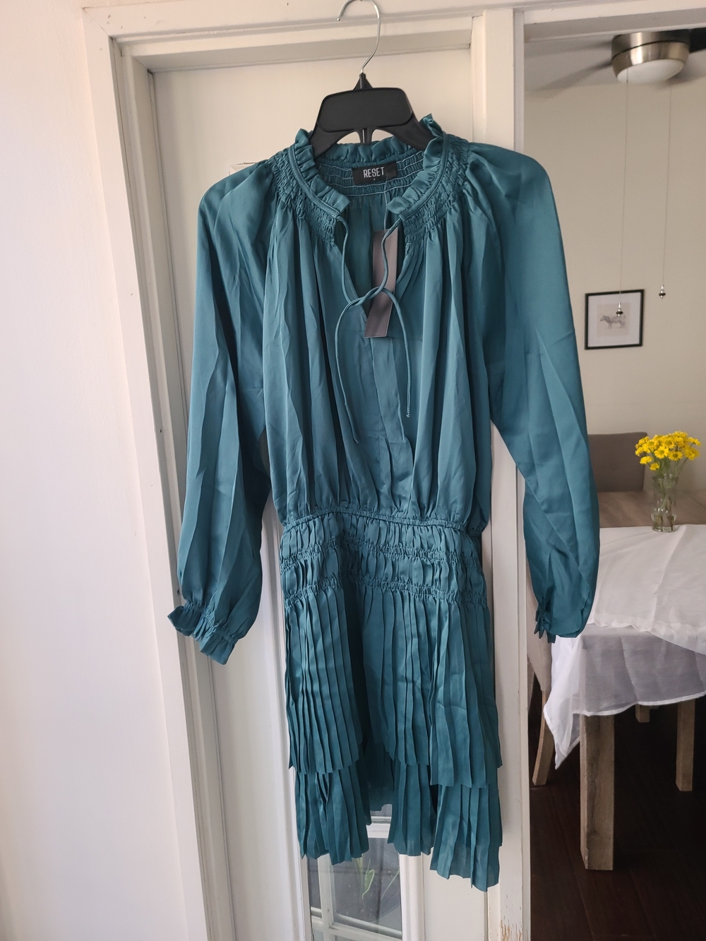 The Reset Teal Long-Sleeve Pleated Dress
